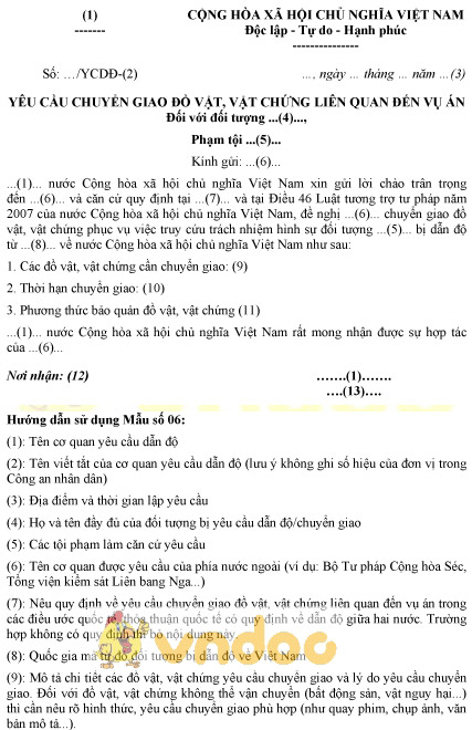 Mẫu yêu cầu chuyển giao đồ vật, vật chứng liên quan đến vụ án