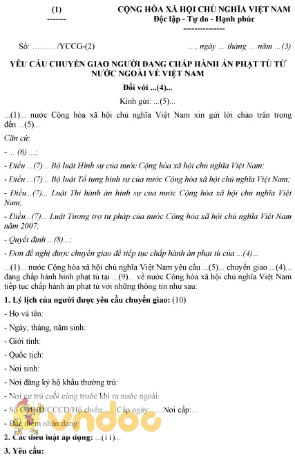 Mẫu yêu cầu chuyển giao người đang chấp hành án phạt tù từ nước ngoài về Việt Nam