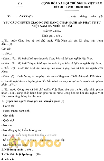 Mẫu yêu cầu chuyển giao người đang chấp hành án phạt tù từ Việt Nam ra nước ngoài
