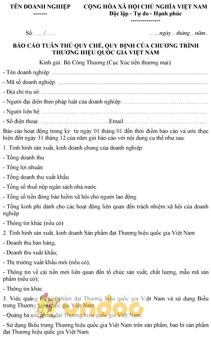 Mẫu báo cáo tuân thủ quy chế, quy định của Chương trình Thương hiệu quốc gia Việt Nam