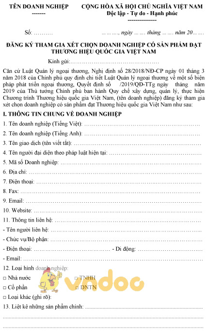 Mẫu đăng ký tham gia xét chọn doanh nghiệp có sản phẩm đạt Thương hiệu quốc gia Việt Nam