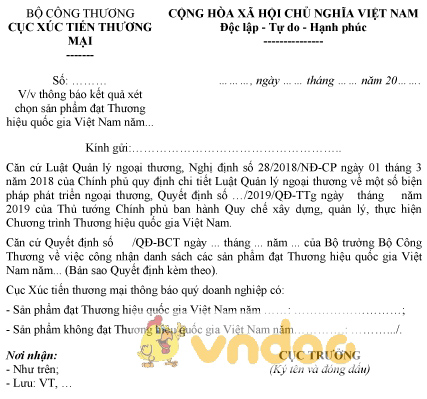 Mẫu thông báo kết quả xét chọn sản phẩm đạt Thương hiệu quốc gia Việt Nam