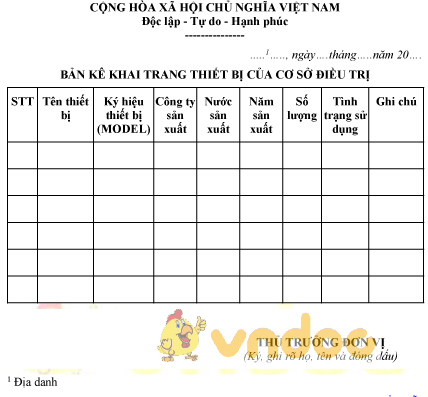 Mẫu bản kê khai trang thiết bị của cơ sở điều trị