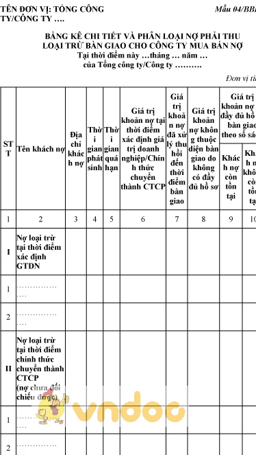 Mẫu bảng kê chi tiết và phân loại nợ phải thu loại trừ bàn giao cho công ty mua bán nợ