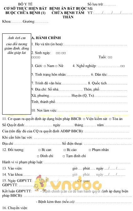 Mẫu bệnh án bắt buộc chữa bệnh tâm thần