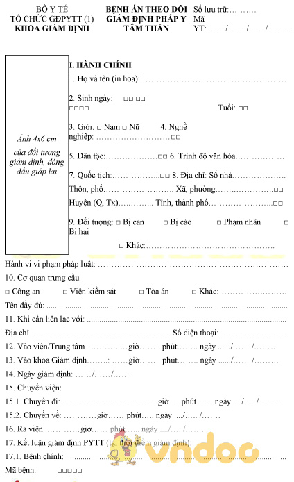 Mẫu bệnh án theo dõi giám định pháp y tâm thần