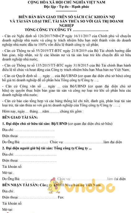 Mẫu biên bản bàn giao trên sổ sách nợ và tài sản loại trừ