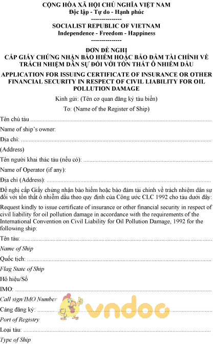 Mẫu đơn đề nghị cấp GCN bảo hiểm hoặc bảo đảm tài chính trách nhiệm với tổn thất ô nhiễm dầu
