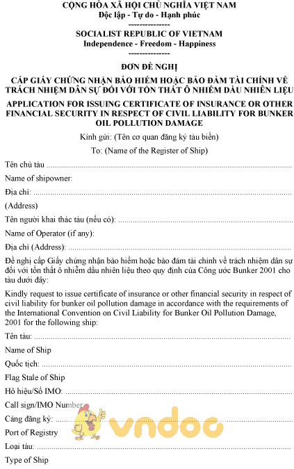 Mẫu đơn đề nghị cấp GCN bảo hiểm hoặc bảo đảm trách nhiệm dân sự về ô nhiễm dầu nhiên liệu