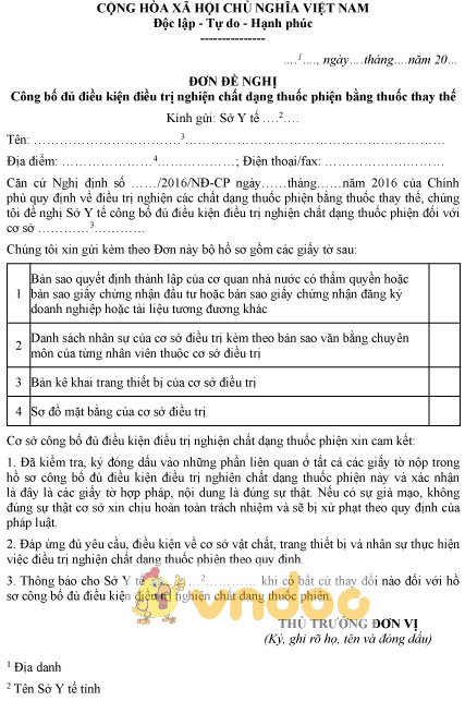 Mẫu đơn đề nghị công bố đủ điều kiện điều trị nghiện chất dạng thuốc phiện bằng thuốc thay thế