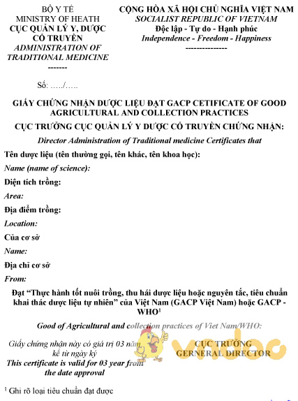 Mẫu giấy chứng nhận dược liệu đạt GACP