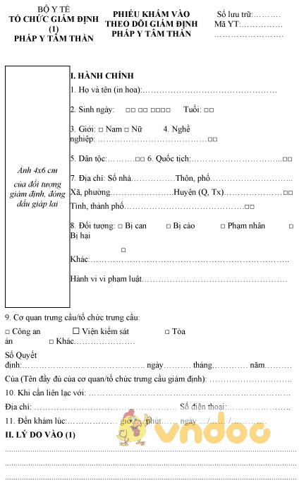 Mẫu phiếu khám vào theo dõi giám định pháp y tâm thần