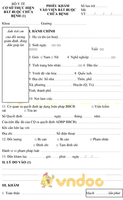 Mẫu phiếu khám vào viện bắt buộc chữa bệnh