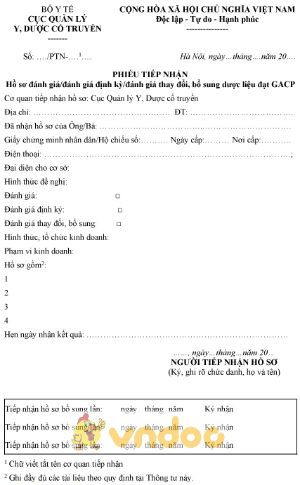 Mẫu phiếu tiếp nhận hồ sơ đánh giá định kỳ, thay đổi, bổ sung dược liệu đạt GACP