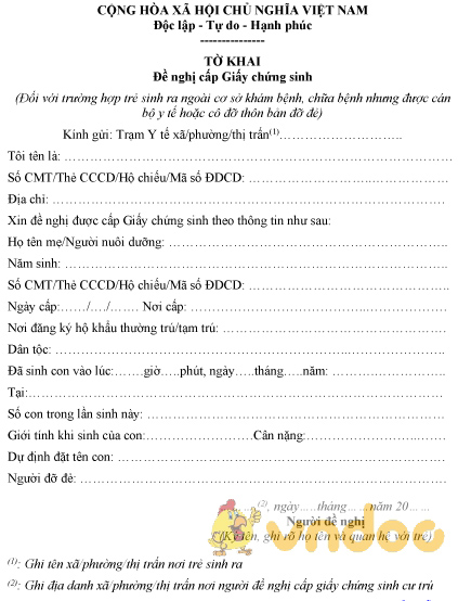 Mẫu tờ khai đề nghị cấp giấy chứng sinh