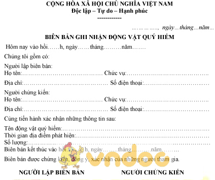 Mẫu biên bản ghi nhận phát hiện động vật quý hiếm