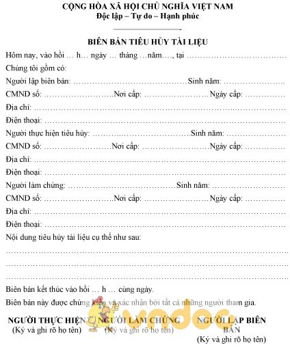 Mẫu biên bản tiêu hủy tài liệu