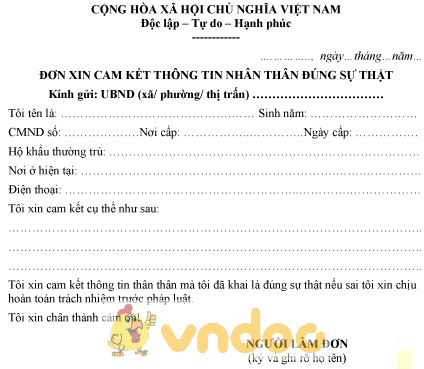 Mẫu đơn xin cam kết thông tin nhân thân là đúng sự thật