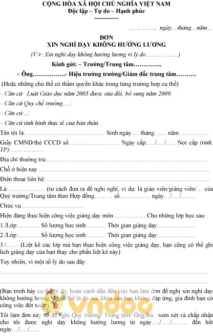 Mẫu đơn xin nghỉ dạy không hưởng lương