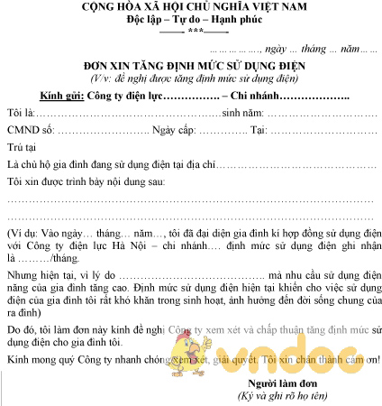 Mẫu đơn xin tăng định mức sử dụng điện