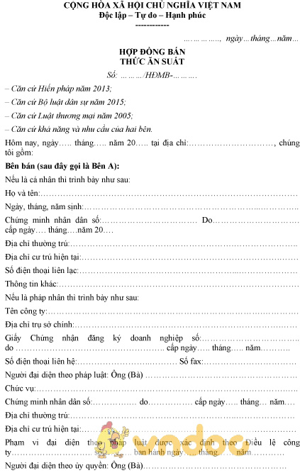 Mẫu hợp đồng cung cấp thức ăn suất cho công ty, văn phòng