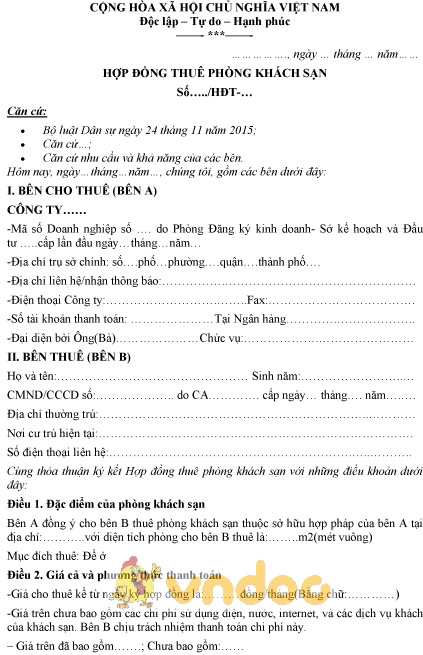 Mẫu hợp đồng thuê phòng khách sạn