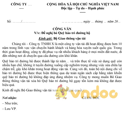 Mẫu công văn đề nghị bỏ quỹ bảo trì đường bộ