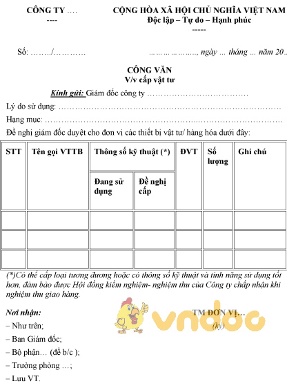 Mẫu công văn đề nghị cấp vật tư