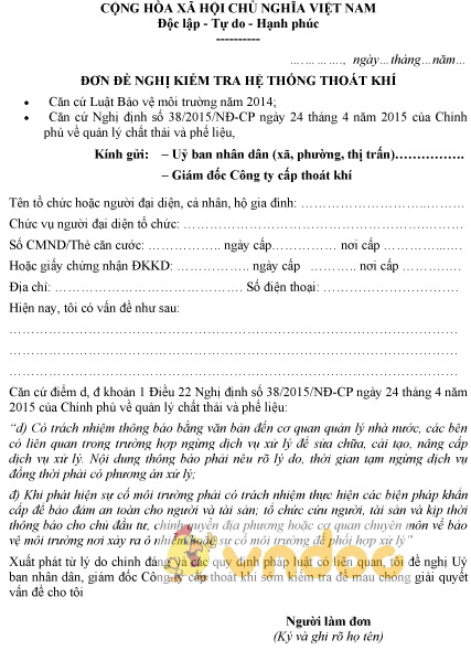 Mẫu đơn đề nghị kiểm tra hệ thống thoát khí