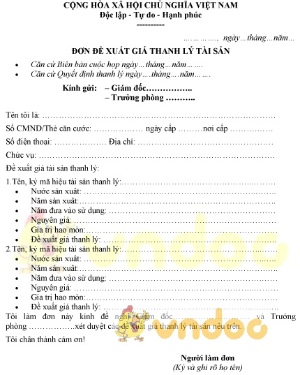 Mẫu đơn đề xuất giá thanh lý tài sản