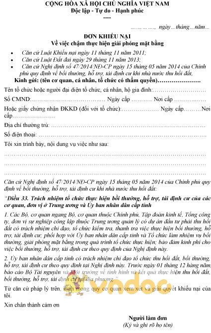 Mẫu đơn khiếu nại chậm thực hiện giải phóng mặt bằng