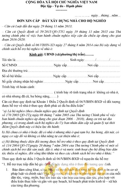 Mẫu đơn xin cấp đất xây nhà cho hộ nghèo