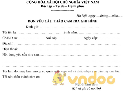Mẫu đơn yêu cầu tháo camera ghi hình