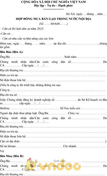 Mẫu hợp đồng mua bán gạo trong nước, nội địa