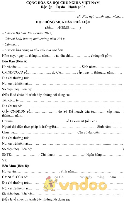 Mẫu hợp đồng mua bán phế liệu