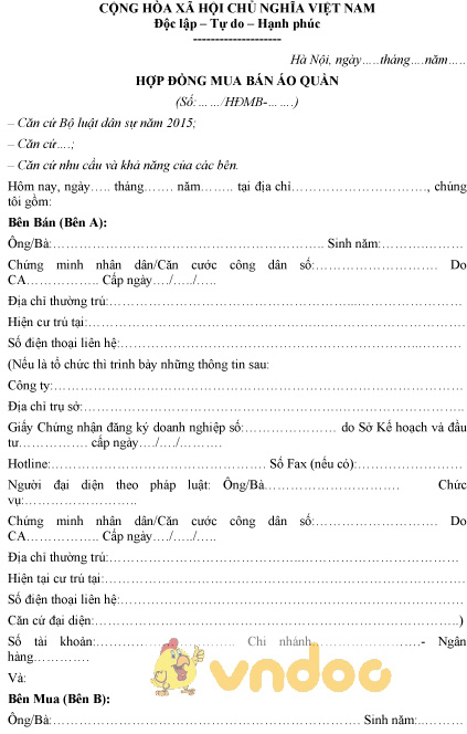 Mẫu hợp đồng mua bán quần áo
