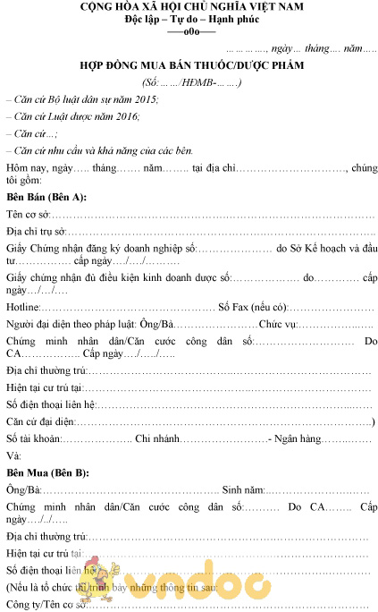 Mẫu hợp đồng mua bán thuốc, dược phẩm