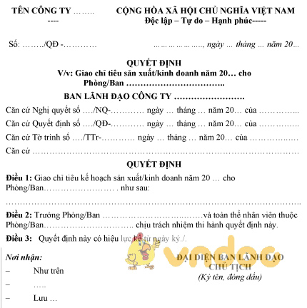 Mẫu quyết định giao chỉ tiêu