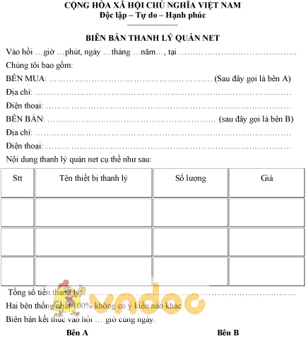 Mẫu biên bản thanh lý quán net