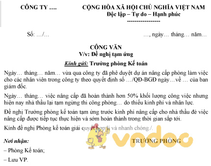 Mẫu công văn đề nghị tạm ứng trước