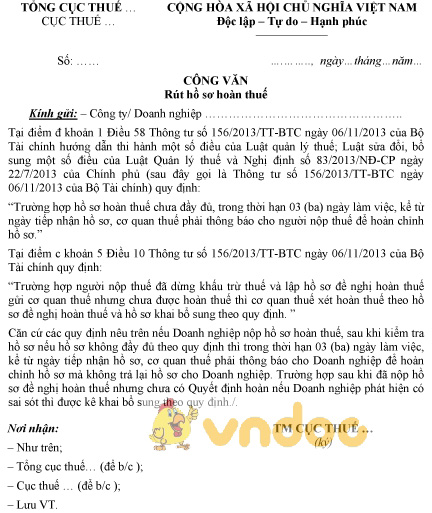 Mẫu công văn rút hồ sơ hoàn thuế