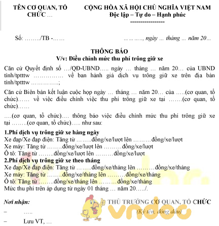 Mẫu thông báo điều chỉnh mức thu phí trông giữ xe