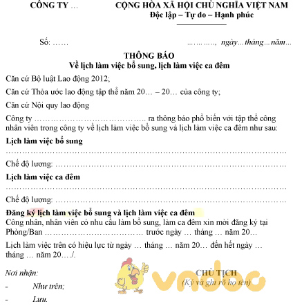 Mẫu thông báo lịch làm việc bổ sung, lịch làm việc ca đêm