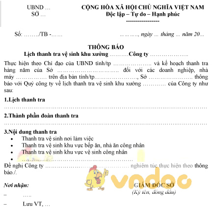 Mẫu thông báo lịch thanh tra vệ sinh khu xưởng