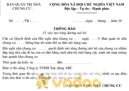 Mẫu thông báo mở rộng đường nội bộ