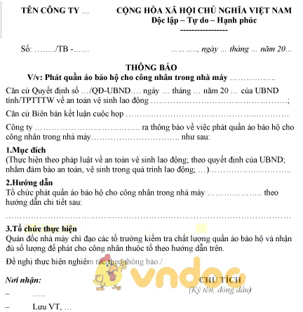 Mẫu thông báo phát quần áo bảo hộ cho công nhân
