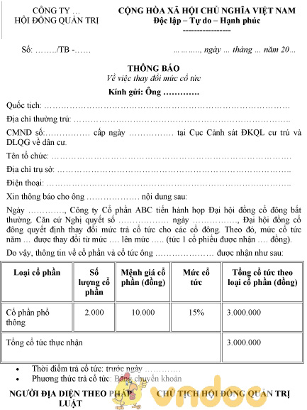 Mẫu thông báo thay đổi mức cổ tức