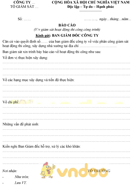 Mẫu văn bản báo cáo giám sát hoạt động thi công công trình