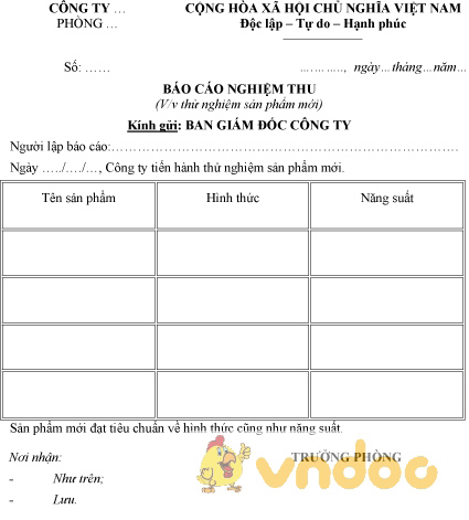 Mẫu văn bản báo cáo nghiệm thu thử nghiệm sản phẩm mới