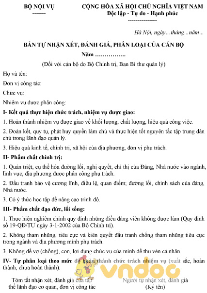 Mẫu bản tự nhận xét, đánh giá, phân loại cán bộ do Bộ và Ban Bí thư quản lý